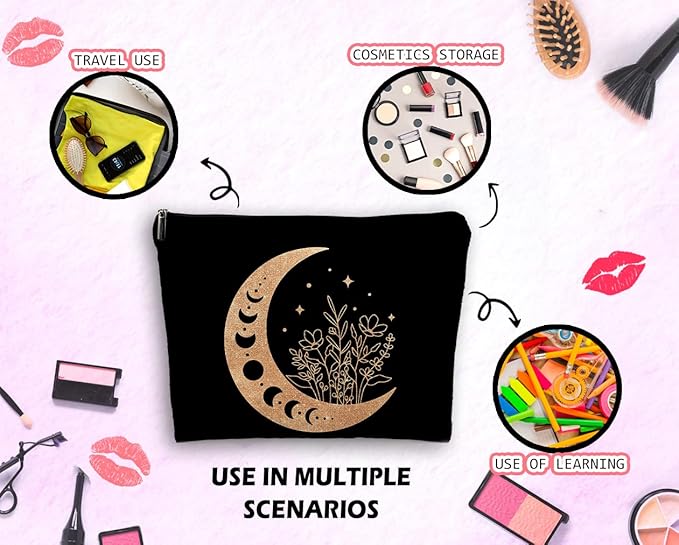Dwept Boho Floral Celestial Crescent Moon Phase Makeup Bag, Mystical Crescent Moon Linen Makeup Travel Toiletry Bag, Abstract Floral Moon Cosmetic Bag Gifts For Girls Women Daughter Sister