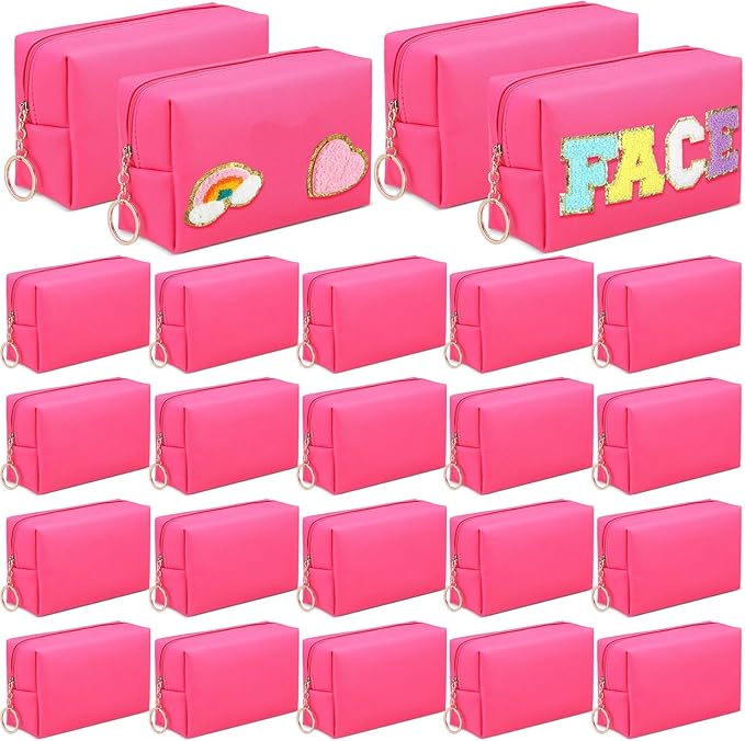 Chunful 24 Pcs Preppy Makeup Bag PU Leather Cosmetic Bag Bulk Makeup Plain Pouch Waterproof Toiletry Purse for Women Traveling Preppy Pencil Case Valentine's Day Gifts(Rose Red)