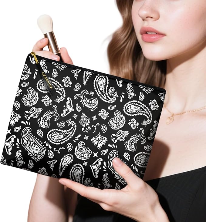 GEGEPINK Cute Makeup Bag for Purse Waterproof Cosmetic Bags for Women Funny Smooth Zipper Travel Toiletry Pouch 10X8 Inches-Paisley Floral-Black Makeup pouch