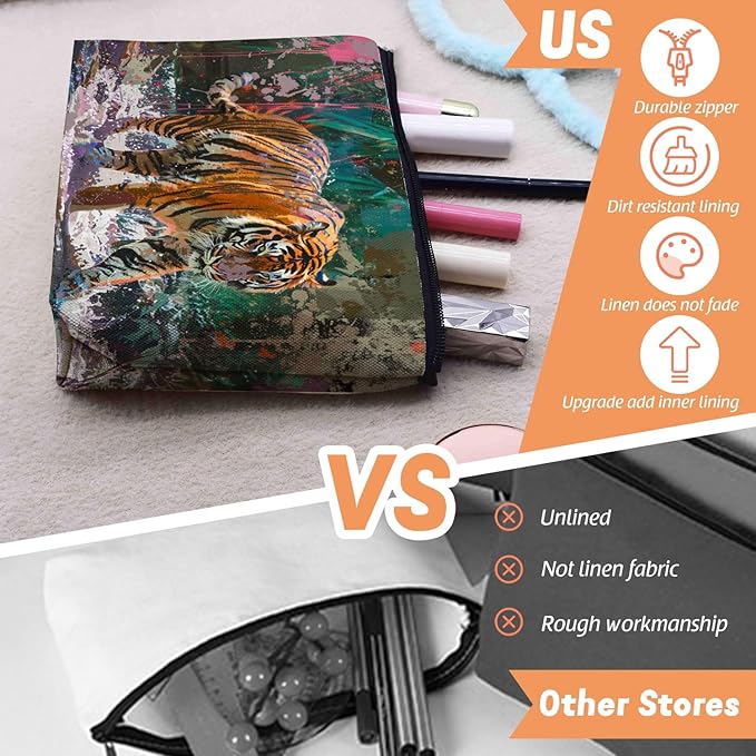 Scribesense Cosmetic Bags Travel Makeup Toilet Case Waterproof Pouch for Women Girls 6.7X9.45inches - Artistic Tiger Walking Through A Splash - Filled Jungle