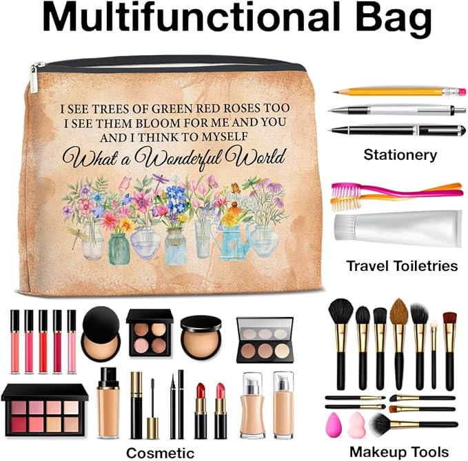 UPNEGE Floral Makeup Bag Gifts for Women What a Wonderful World Floral Butterfly Cosmetic Bag Zipper Makeup Pouch