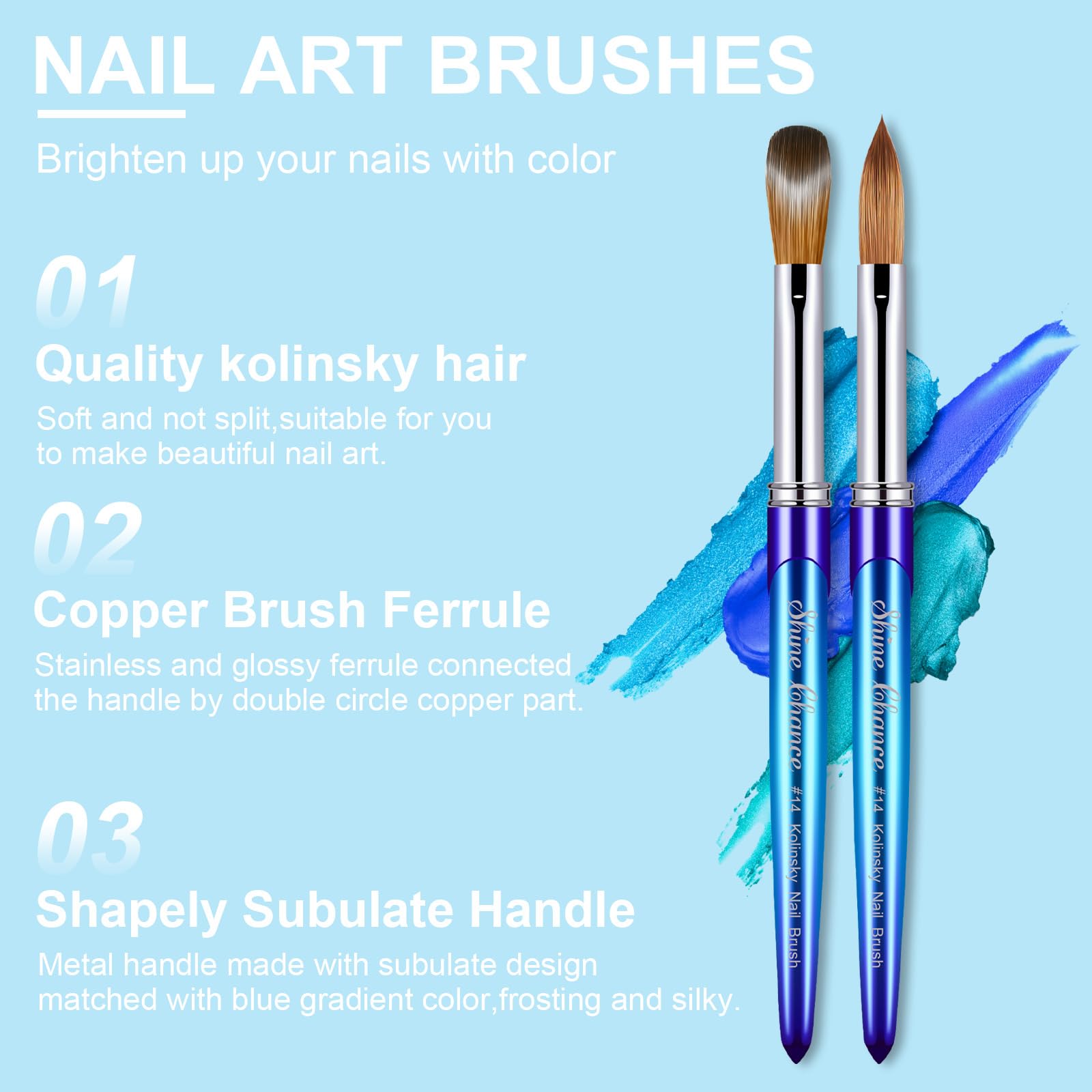 Shine Chance Acrylic Nail Brush Size 14, 100% Pure Kolinsky 3D Art Nail Brush with Gradient Blue Handle, Art Design Powder Nail Brush Pen for Nails Extension & Carving, Acrylic Application Tools