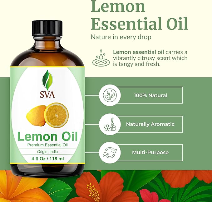 SVA Lemon Essential Oil – 4 Fl Oz - for Diffuser, Skin & Hair Care – Ideal for Massage & DIY Blends – with Dropper