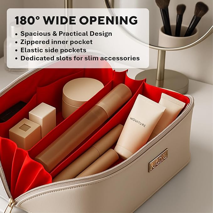 NAORI Travel Makeup Bag for Women | Large Luxury Cosmetic Organizer with Handle & Inner Pockets | Waterproof Faux Leather Toiletry Bag | Makeup Case for Home, Travel & Gifting (Creamy Beige)