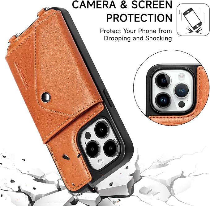 LUCKYCOIN Crossbody Phone Case for iPhone 14 Pro Max, 100% Genuine Leather Phone Wallet Case for Women, Premium Hands-Free Phone Purse with Expandable Flip Card Holder & Adjustable Strap - Retro Brown
