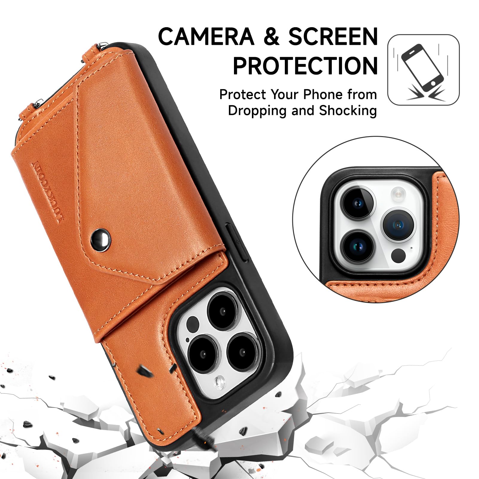 LUCKYCOIN Crossbody Phone Case for iPhone 14 Pro Max, 100% Genuine Leather Phone Wallet Case for Women, Premium Hands-Free Phone Purse with Expandable Flip Card Holder & Adjustable Strap - Retro Brown