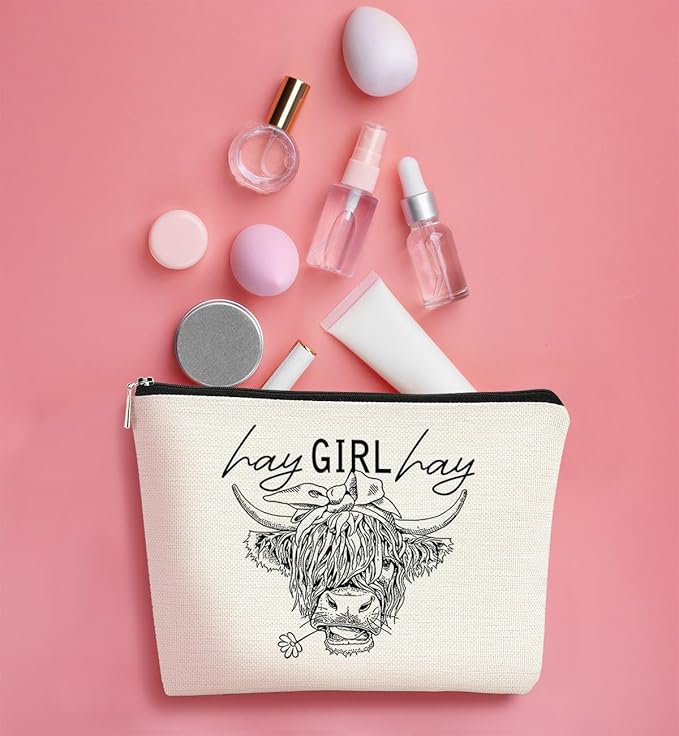BARPERY Funny Cow Small Makeup Bag - Cow Lovers Farm Girls Gift, Hay Girl Cosmetic Bag for Birthday or Christmas