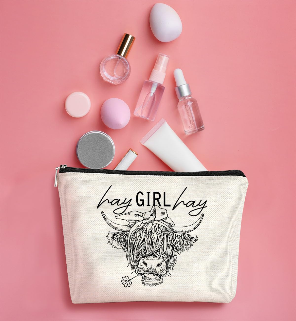 BARPERY Funny Cow Small Makeup Bag - Cow Lovers Farm Girls Gift, Hay Girl Cosmetic Bag for Birthday or Christmas