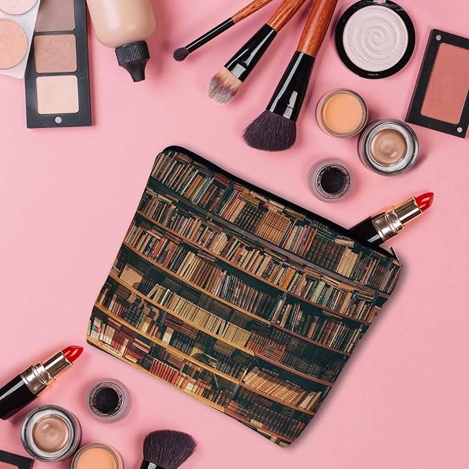 Kalygon Vintage Library Bookshelf Makeup Bag for Purse, Travel Toiletry Pouch, Cosmetic Organizer, Old Books Pattern Flax Pencil Case for Men and Women