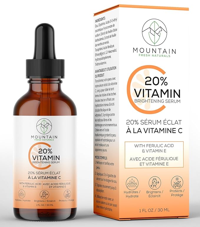 Mountain Fresh Naturals Vitamin C Serum – 20% 3-0-Ethyl Ascorbic Acid, Ferulic Acid & Vitamin E – Brightening, Hydrating, Anti-Aging Serum for Dark Spots, Uneven Skin Tone & Wrinkles – 30mL / 1 fl oz