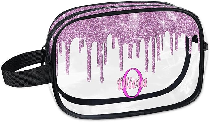 KFNHN Personalized Clear Makeup Bag with Name, Best Friends Teen Women Mom Birthday Gift PVC Cosmetic Toiletry Travel Bag for Toiletries, Plum Purple Fluid Shape Sequins