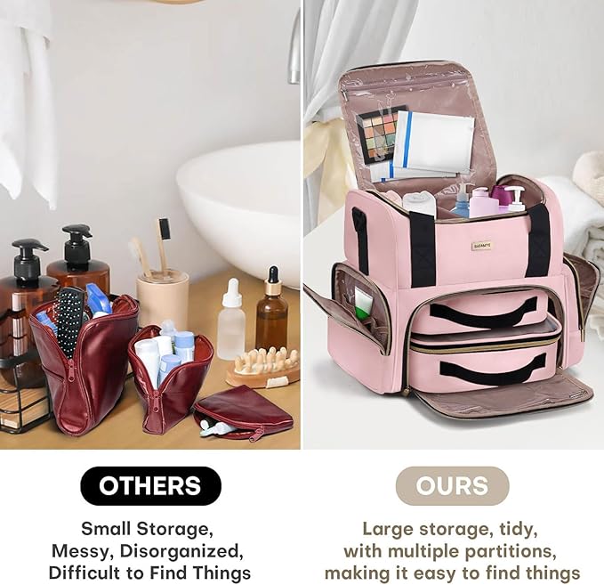 BAFAMYE Large Makeup Cosmetic Bag with 2 Removable Case, Double Layer Travel Makeup Organizer Case, travel Toiletry Bag For Women, Pink