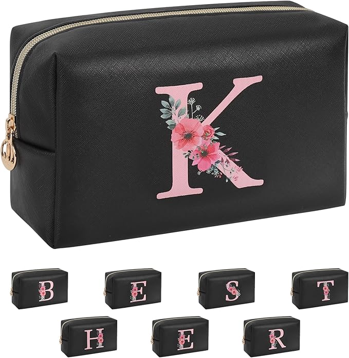 Initial Makeup Bag for Women, Travel Makeup Bag Small Cosmetic Bag, Birthday Gifts for Girls and Women, Teen Girls Gifts Trendy Stuff, Personalized Gifts for Grandkids Teacher Friends Bride Bridesmaid