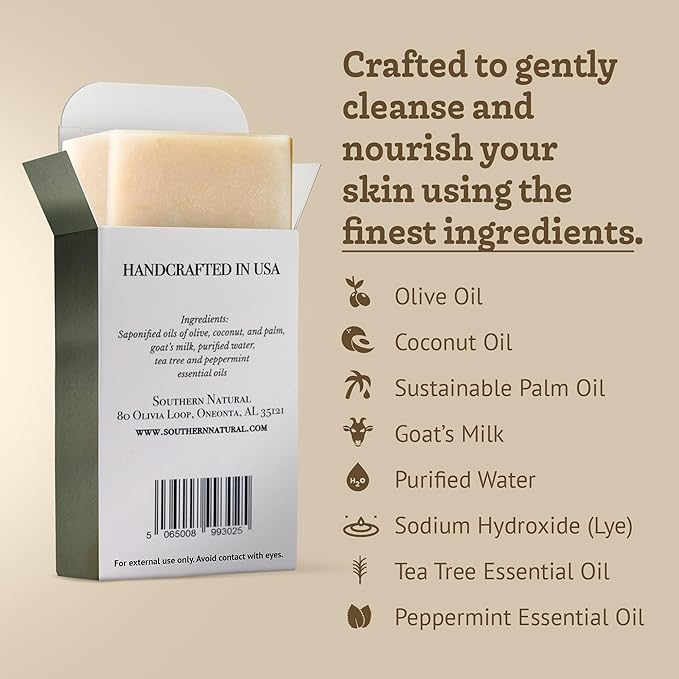 Southern Natural Goat Milk Soap Bar Tea Tree Peppermint, 3 Pack, Dry Skin