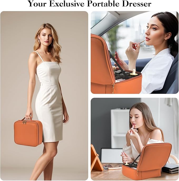 Yaliang Travel Makeup Bag with Mirror & 6 Adjustable EVA Dividers, Camel