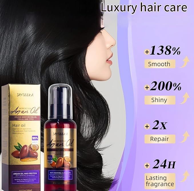 JAYSEEKA Moroccan Argan Oil Hair Treatment, Organic Moisturizing Oil for All Hair Types, Anti-Hair Fall and Renewal Formula, 3.51 fl oz
