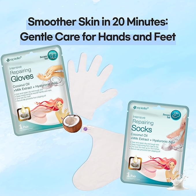 Epielle Intensive Repairing Hand & Foot Masks, Restore and Moisturize Dry, Cracked Skin, Self Care Gifts for Women, Spa Kit, 6 Moisturizing Gloves & 6 Moisturizing Socks