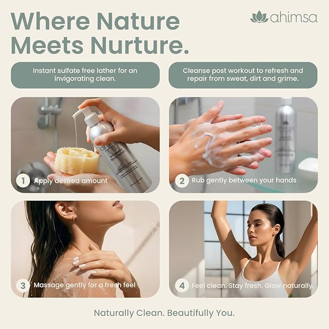 Ahimsa Gentle All Natural Body Wash for Women, Moisturizing Body Wash Sensitive Skin, Dry Skin & All Complexions, Invigorating Spearmint & Ginger Antioxidant-Rich, Plant-Based Sulfate Free (10oz)