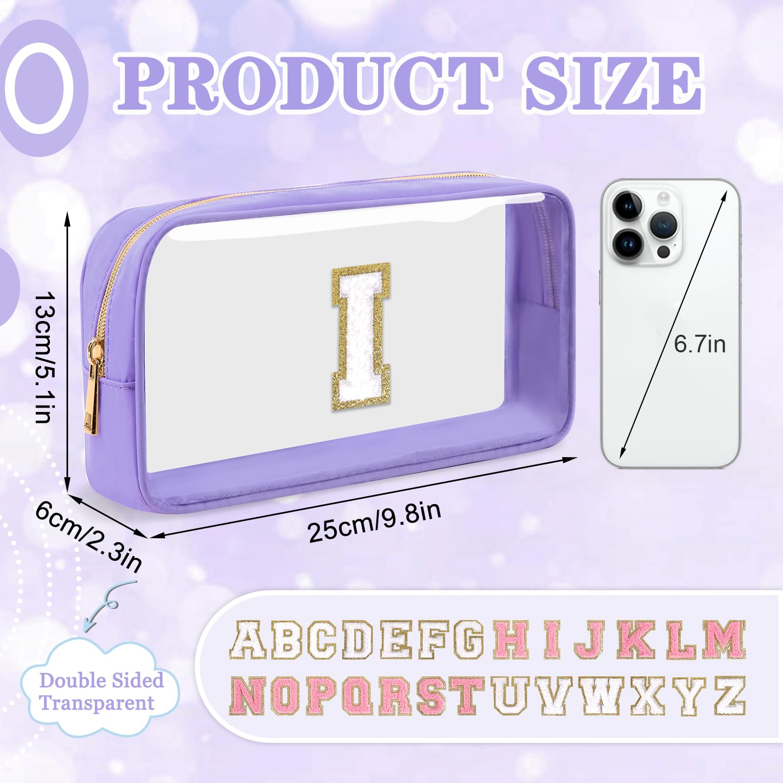 Small Clear Personalized Initial Makeup Bag,Nylon Preppy A-Z Chenille Letter Patch Cosmetic Pouch Beach Toiletry Bag,Waterproof Zip Travel Purse Storage Bag Organizer for Women Girls(Purple-White I)