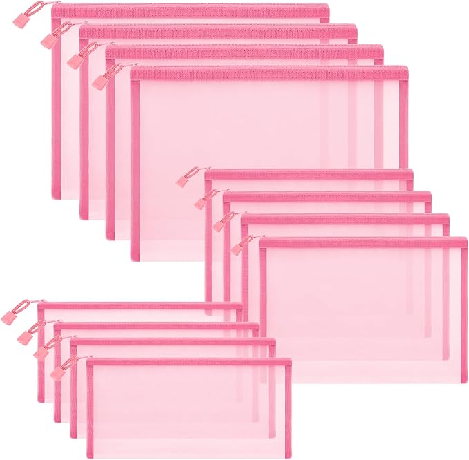 Sinzip 12 Pieces Zipper Nylon Mesh Pouch, Mesh Cosmetic Bags Makeup Bags Pencil Case, Multipurpose Travel Bags for Cosmetic School Office Supplies and Travel Accessories (Light Pink, Assorted Sizes)