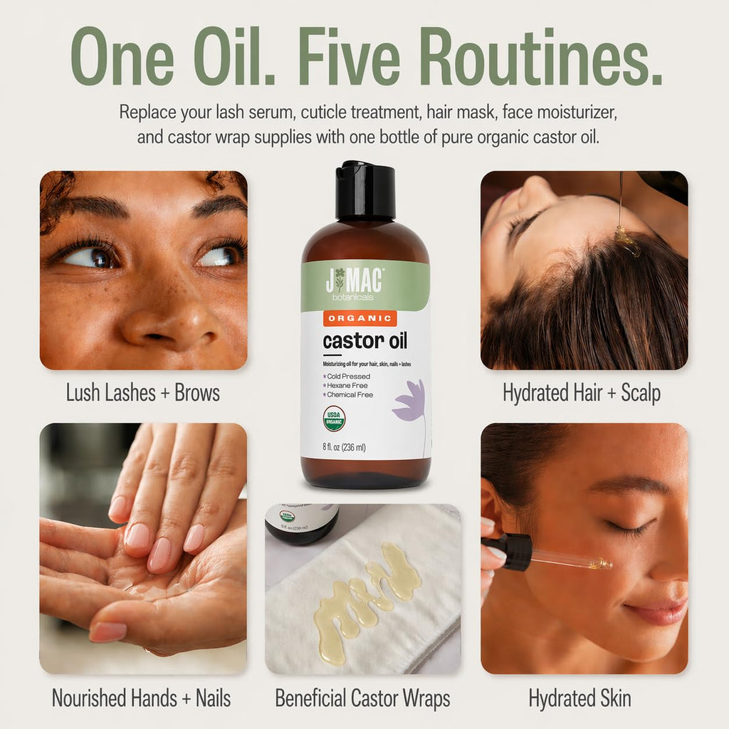 J MAC BOTANICALS Organic Castor Oil Cold Pressed in Amber BPA Free Plastic Bottle (32 oz) USDA Certified, Hexane Free - Moisturizing Oil for Hair, Skin, Face, Eyelashes, Brows, Nails, and Castor Wraps