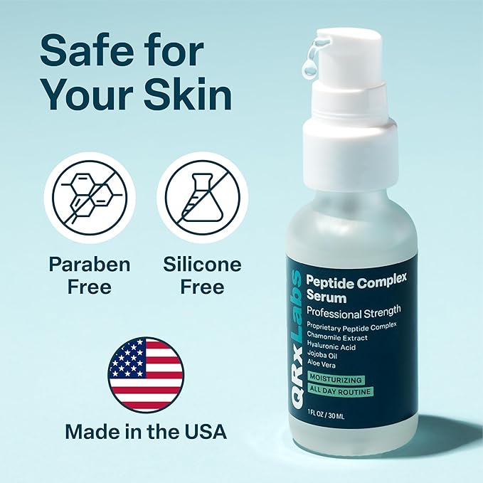 QRxLabs Peptide Complex Face Serum - Firming Collagen Peptide Serum - Antiaging Skincare Gel with Hydrating Hyaluronic Acid with Chamomile Extract - Unscented Gel, 1 Fl Oz