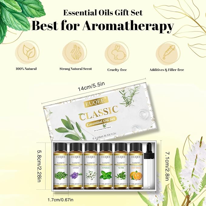 EUQEE 6 Pcs Pure Essential Oils Set, Premium Classic Scent Kit for Diffuser, Massage, Bath, DIY Crafts, Home Fragrance – Lavender, Eucalyptus, Peppermint, Tea Tree, Sweet Orange, Lemongrass