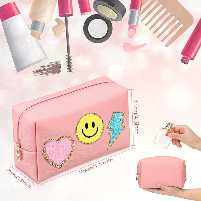 Sanwuta 9 Pcs Makeup Bags Bulk Bridesmaid Proposal Gifts Cosmetic Bags Preppy PU Leather Double Zipper Toiletry Pouch Portable Travel Organizer Case for Women Bachelorette Gift(Pink, Blue, Purple)