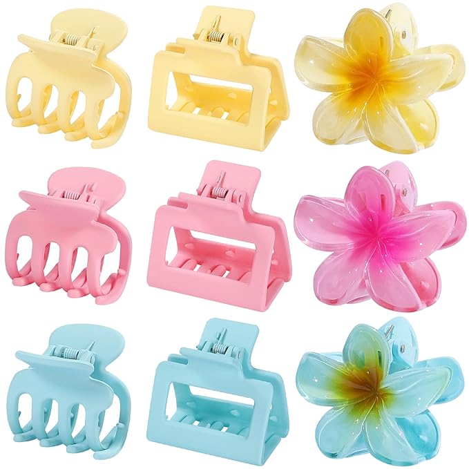 Hair Clips for Women 9 Pack Medium Claw Clips, No Slip Strong Hold Hair Clips for Thick & Thin Hair, Flower Square Aesthetic Styles for Everyday Styling, Trendy Hair Accessories (Pink)
