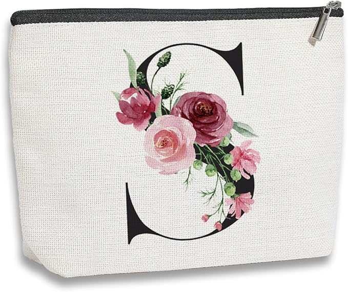 KDXPBZ Initial Makeup Bag - Personalized Cosmetic Bag for Women, Bridesmaid & (Letter S)