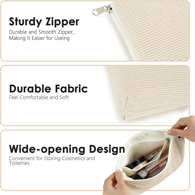 Fammart Corduroy Makeup Bag, Travel Cosmetic Bag Organizer Toiletry Bag Make Up Bags with Zipper & Compartments for Women Girls, 2PCS