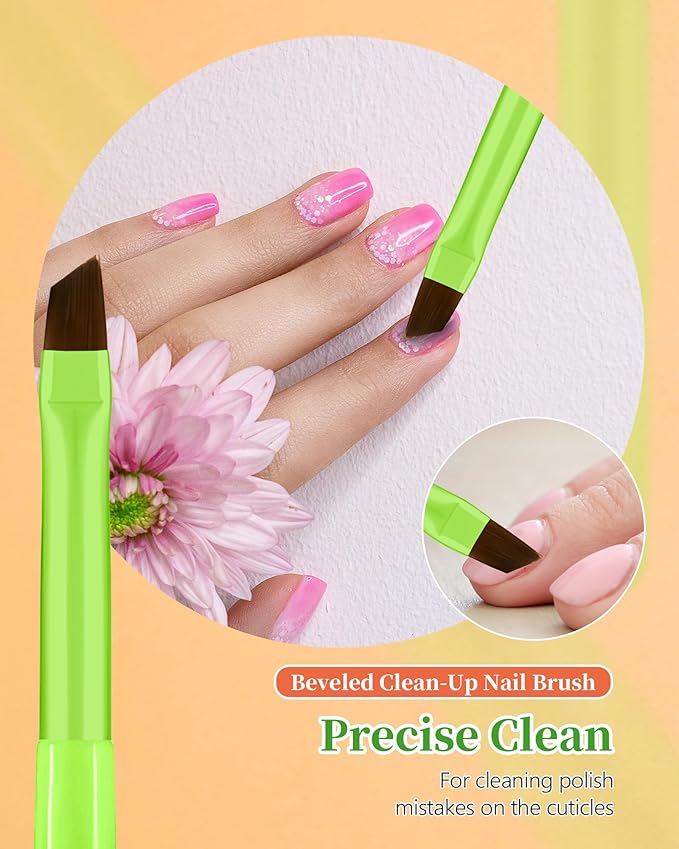 AMilHiTon 3PCS Nail Polish Clean Up Brush, Round/Flat/Angled, Bright Green