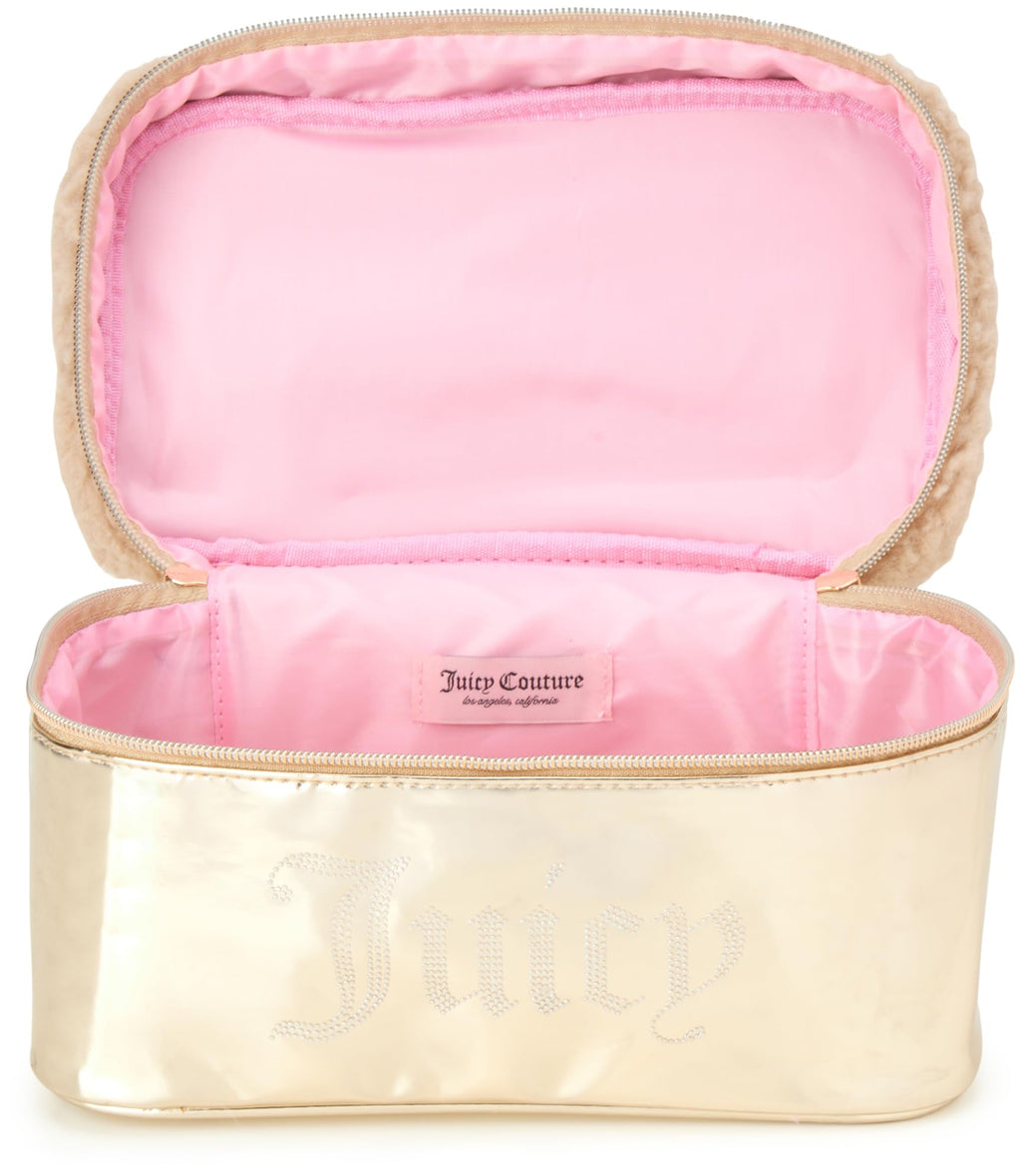 Juicy Couture Shiny Gold Makeup Bag, Faux Shearling Train Case, Rhinestones