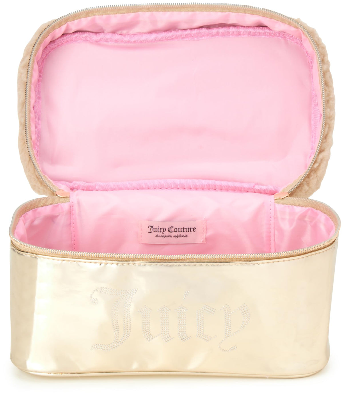 Juicy Couture Shiny Gold Makeup Bag, Faux Shearling Train Case, Rhinestones