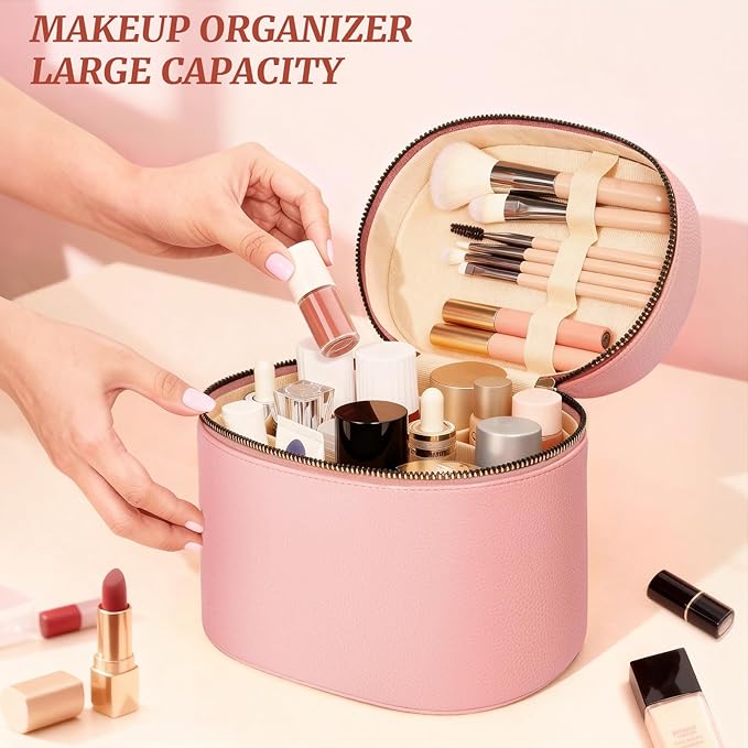 MaqSacion Makeup Bag Vanity Case for Women Leather Cosmetic Bag Makeup Organizer Case Portable Travel Toiletry Bag With Removable Compartments and Handle - Pink