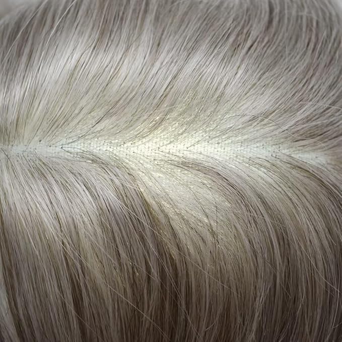 Mens Toupee Human Hair Piece French Lace Toupee for Man Hair System Indian Human Hair Replacement Systems V-Looped PU Front Hairpieces 6"X8" #580 5# MEDIUM LIGHT BROWN WITH 80% SYNTHETIC GREY