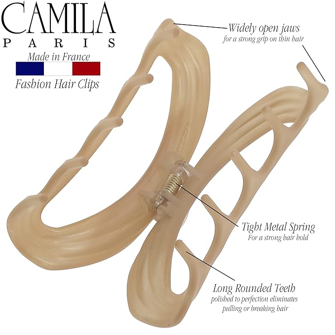 Camila Paris CP3528 French Hair Clips for Women, 3" Beige, Medium Claw Clip Strong Hold All Day, No Damage No Slip Claw Clips for Thick Curly Wavy Fine Straight Hair, Jaw Clip Made in France