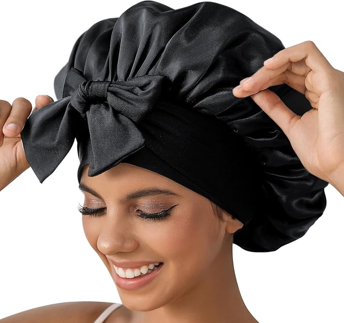 GDTOGRT Satin Silk Bonnet for Sleeping Women, Double Layer Sleep Hair Bonnets Caps for Curly Natural Hair with Tie Band - Black