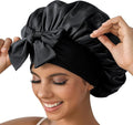 GDTOGRT Satin Silk Bonnet for Sleeping Women, Double Layer Sleep Hair Bonnets Caps for Curly Natural Hair with Tie Band - Black