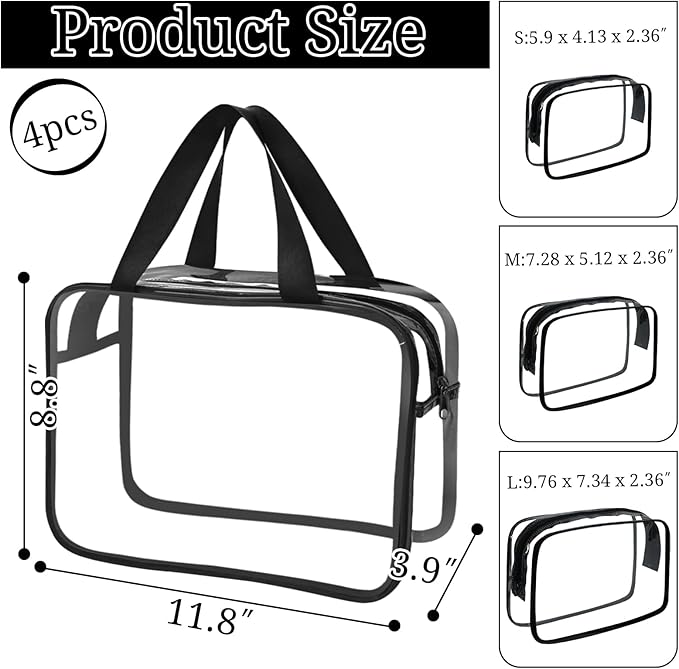 YOQIVEXU 4 Packs Large Clear Cosmetic Bag, Waterproof Clear Makeup Toiletry Organizer Pouch, Reusable PVC Plastic Storage Bags with Zipper for Travel