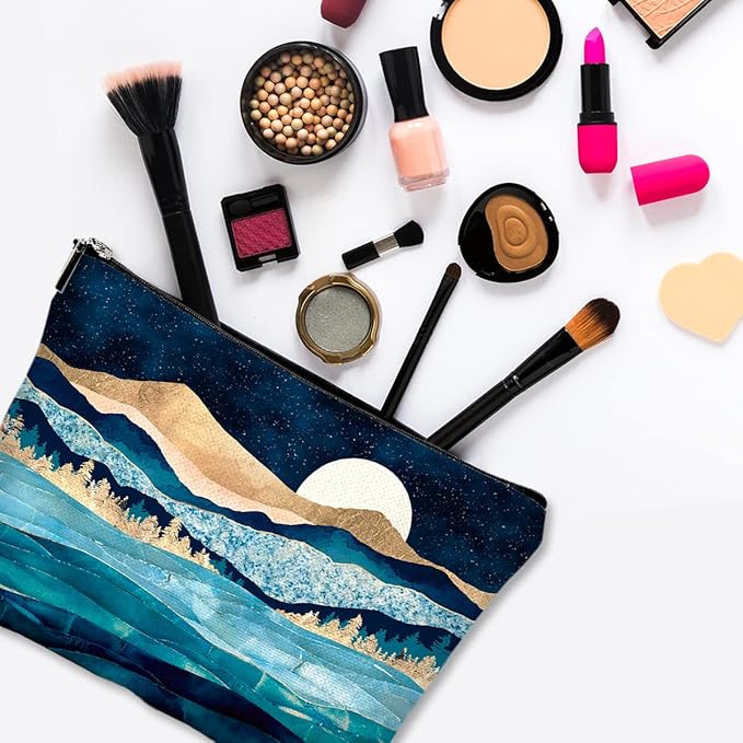Givotin Cute Makeup Bag for Purse Canvas Waterproof Funny Cosmetic Bags for Women Zipper Travel Toiletry Pouch-Mountain Moon Lake Makeup Bags