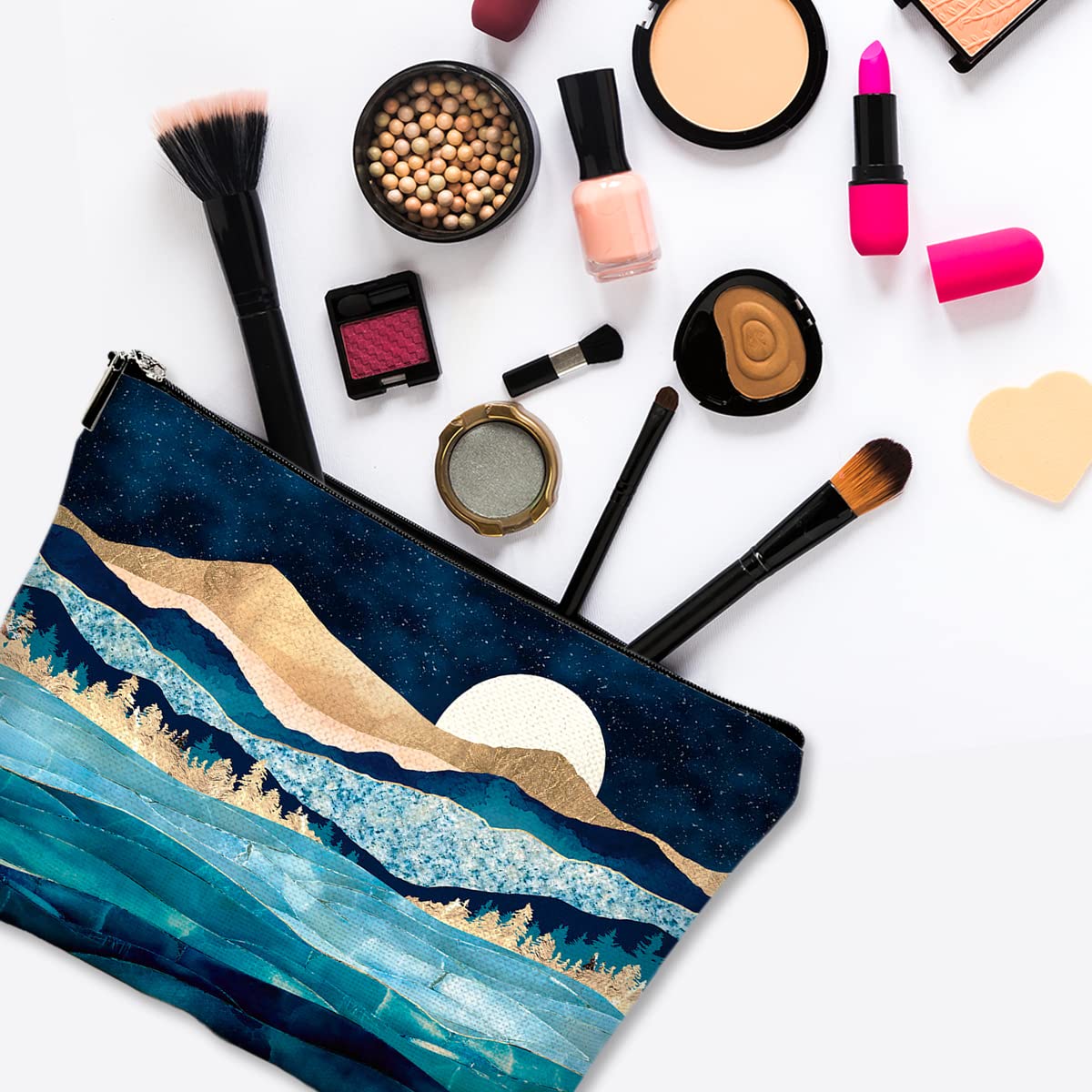Givotin Cute Makeup Bag for Purse Canvas Waterproof Funny Cosmetic Bags for Women Zipper Travel Toiletry Pouch-Mountain Moon Lake Makeup Bags