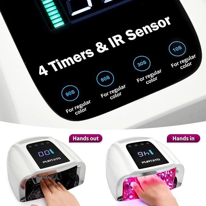 PURTATO Professional Rechargeable 96W UV LED Portable Cordless UV Light for Nail Lamp Machine with Removable Stainless Steel Bottom,4 Timer Setting and Smart Sensor Nail Dryer (White)