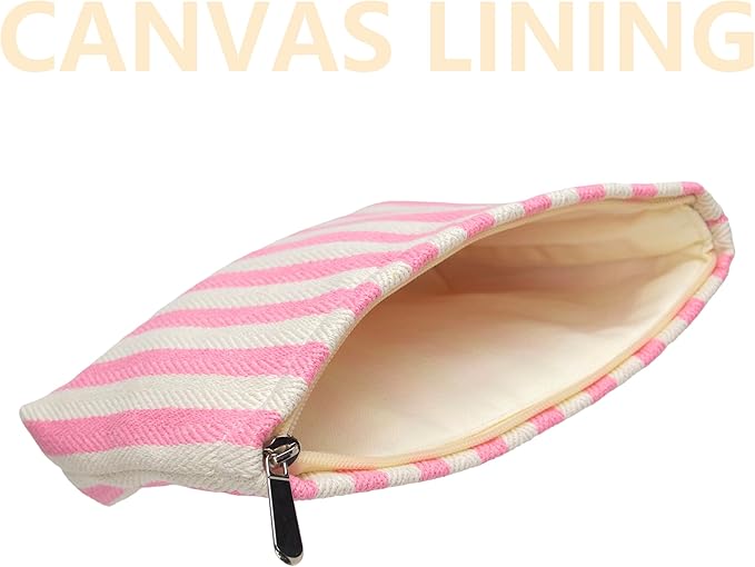 Flat Makeup Bag for Women,Zipper Cosmetic Pouch for Purse,Stripe Pink