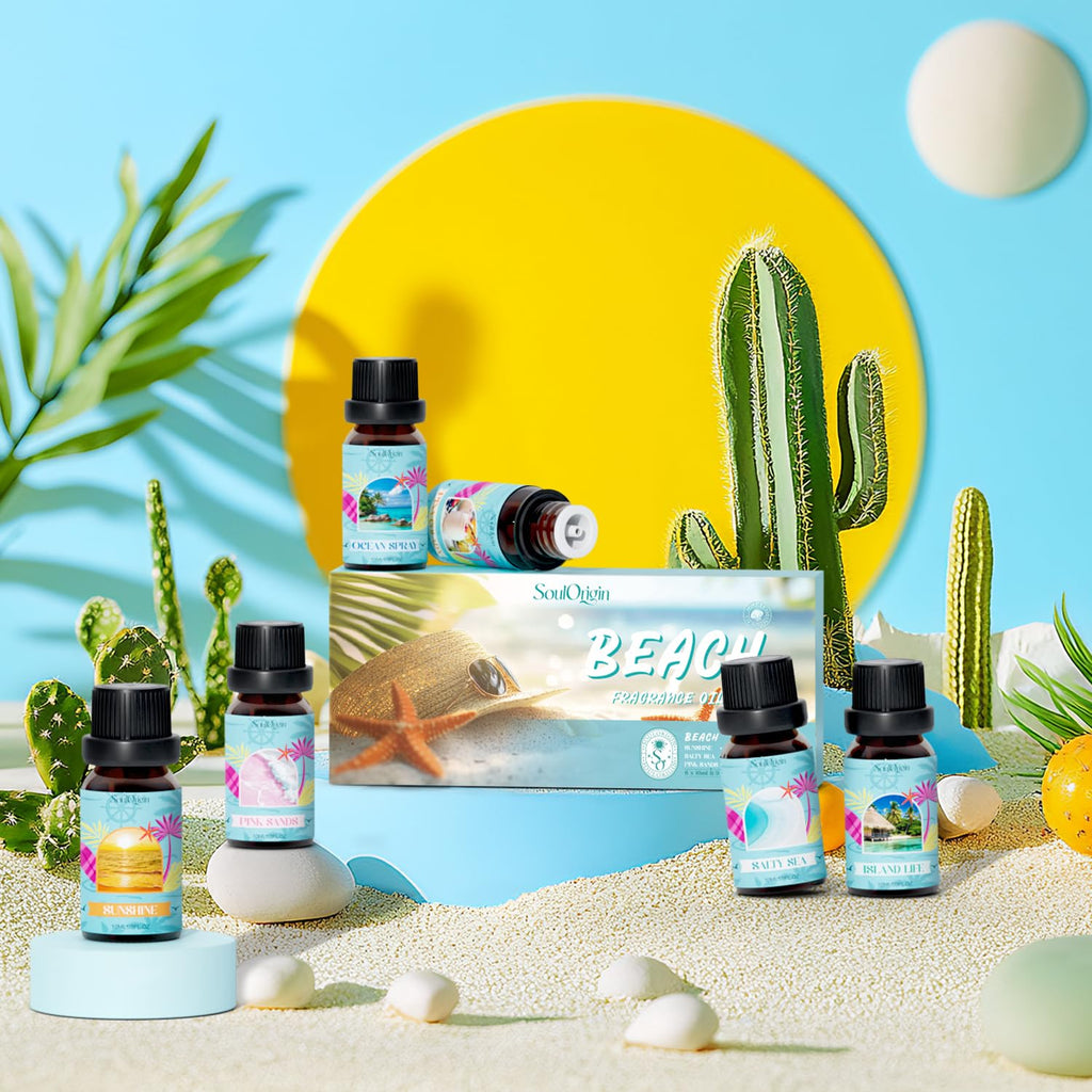 Soulorigin Beach Fragrance Oils Set, Essential Oil Gift Set for Diffuser, Summer Scent Diffuser Oil, Diffuser Scents Oil for Home-Ocean Spray, Pink Sands, Salty Sea, Pina Colada, Island Life, Sunshine