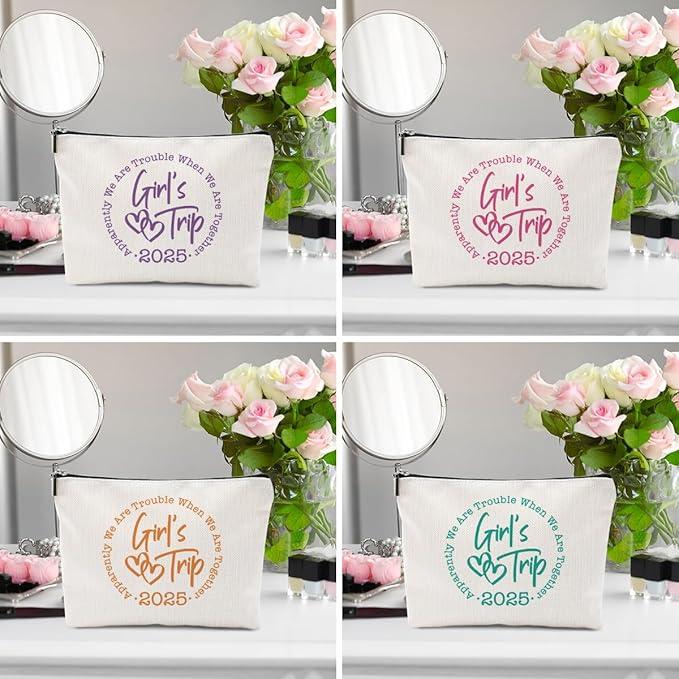 4 Pcs Girls Trip Gifts Favors, Girls Weekend Gifts Makeup Bag, Bestie Gifts Weekend Bag Toiletry Bag with Liner, Vacation Cosmetic Bag, Friendship Gifts for Women Best Friend Sister, Graduation Gifts
