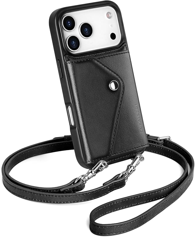 LUCKYCOIN Crossbody Phone Case for iPhone 17 Pro,100% Genuine Leather Phone Wallet Case for Women, Premium Hands-Free Phone Purse with Expandable Flip Card Holder & Adjustable Strap - Retro Black