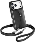 LUCKYCOIN Crossbody Phone Case for iPhone 17 Pro,100% Genuine Leather Phone Wallet Case for Women, Premium Hands-Free Phone Purse with Expandable Flip Card Holder & Adjustable Strap - Retro Black