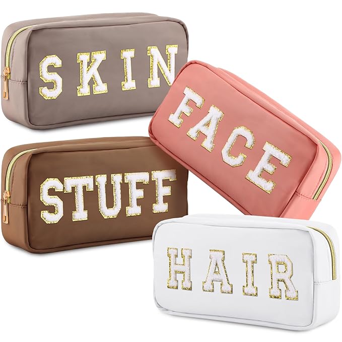 Remerry 4 Pcs Nylon Makeup Bags Waterproof Spacious Travel Cosmetic Bag for Women Chenille Letter Preppy Zipper Pouch Face Stuff Skin Hair Organizer Gift(Multicolor)