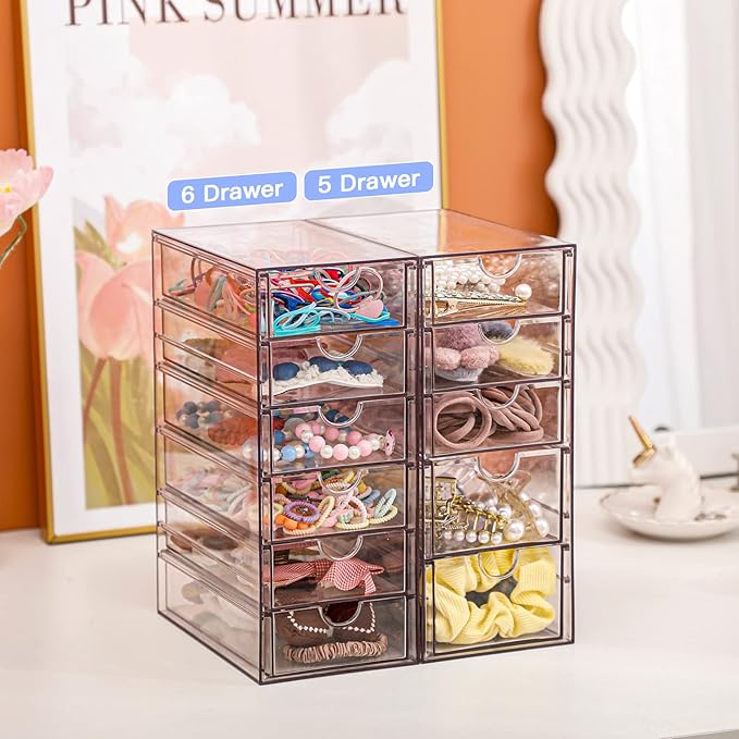FABROK Clear Hair Accessory Organizer Box with 6 Drawers